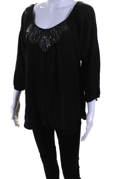 Rebecca Taylor Womens Silk Beaded Scoop Neck Long Sleeves Blouse Black Size 6