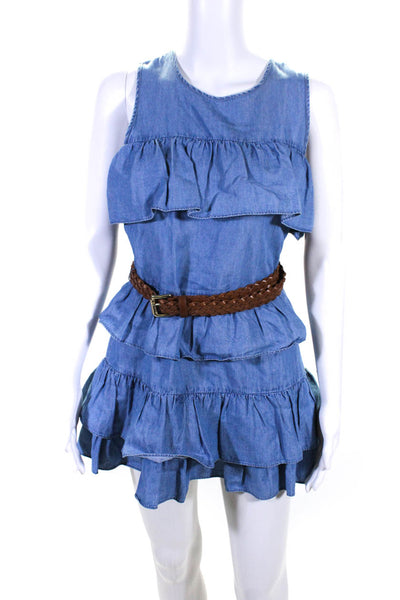 Michael Michael Kors Womens Blue Chambray Ruffle Belted Tiered Dress Size S
