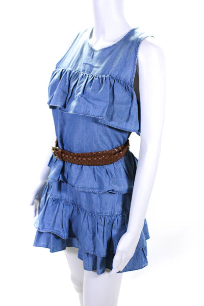Michael Michael Kors Womens Blue Chambray Ruffle Belted Tiered Dress Size S