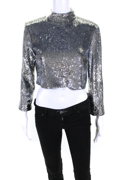 ALC Womens Silver Sequins High Neck Zip Back Crop Long Sleeve Blouse Top Size 6