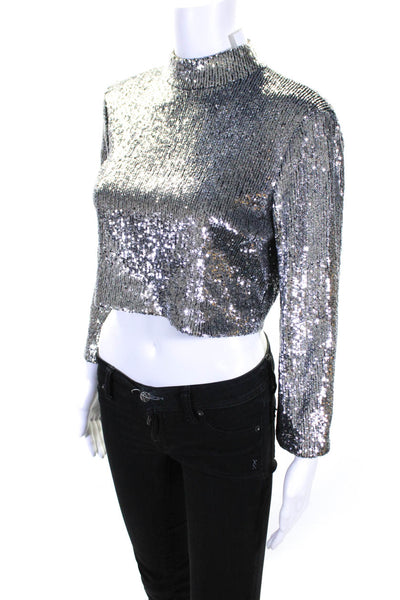 ALC Womens Silver Sequins High Neck Zip Back Crop Long Sleeve Blouse Top Size 6