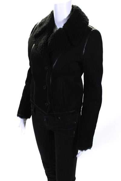 Joseph Womens Black Fuzzy Long Sleeve Shearling Coat Jacket Size 38