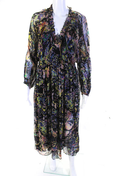 IRO Womens Abstract Print V Neck A Line Maxi Dress Multi Colored Size EUR 34