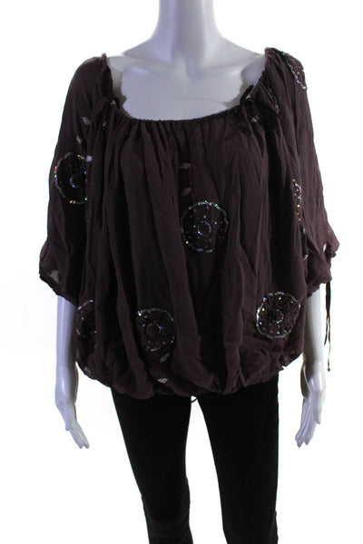 Samantha Treacy Women's Off The Shoulder 3/4 Sleeves Sequin Blouse Brown Size S