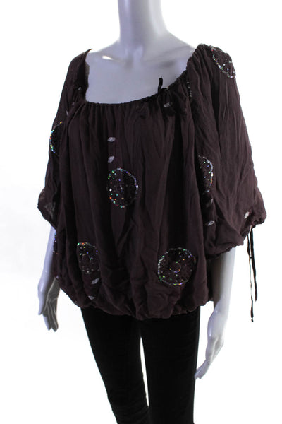 Samantha Treacy Women's Off The Shoulder 3/4 Sleeves Sequin Blouse Brown Size S