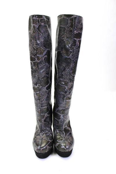 Pridecoeur Womens Snakeskin Print Platform Mid Calf Boots Gray Size 6.5