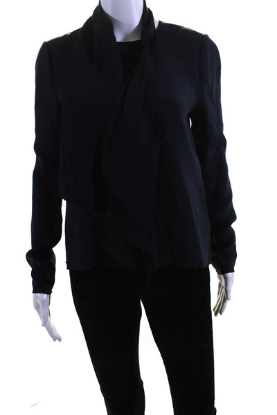 Tory Burch Womens Long Sleeved Buttoned Pleat Round Neck Blouse Navy Blue Size 2