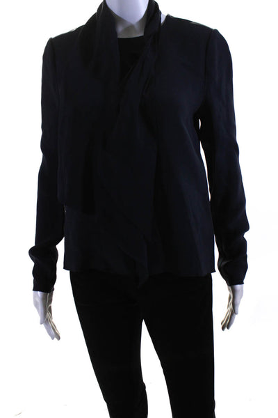Tory Burch Womens Long Sleeved Buttoned Pleat Round Neck Blouse Navy Blue Size 2