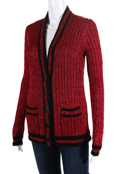 Saint Laurent Womens Cable Knit Cardigan Sweater Red Metallic Black Size Small