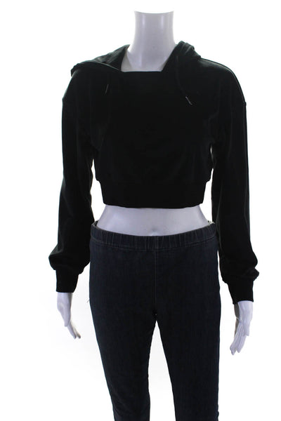 NBD Womens Velour Hooded V-Neck Cropped Sweatshirt Hoodie Top Black Size XS
