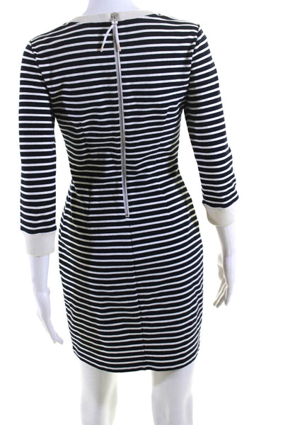 Theory Womens Striped Round Neck Long Sleeved A Line Dress Black Cream Size 2