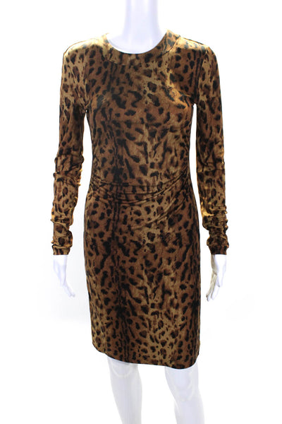 Tory Burch Womens Jersey Leopard Printed Long Sleeve Sheath Dress Brown Size XS
