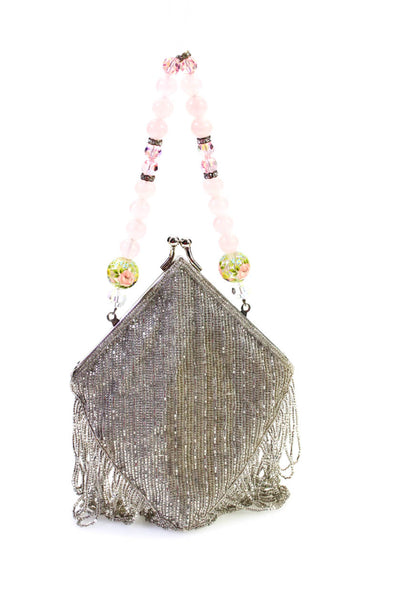 Pink Moon Womens Vintage Framed Kisslock Fringe Beaded Evening Handbag Silver