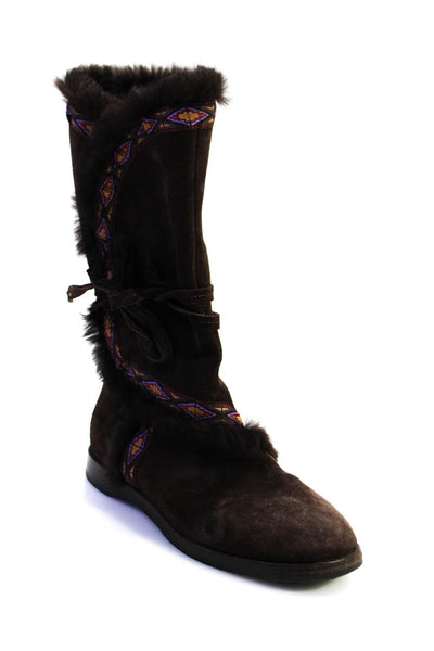Jimmy Choo Womens Shearling Lined Embroidered Mid Calf Boots Brown Suede 35.5