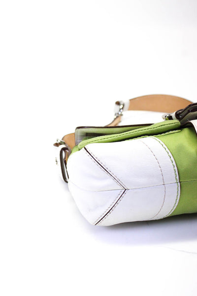 Coach Womens Leather Trim Silver Tone Flap Shoulder Handbag Lime Green White