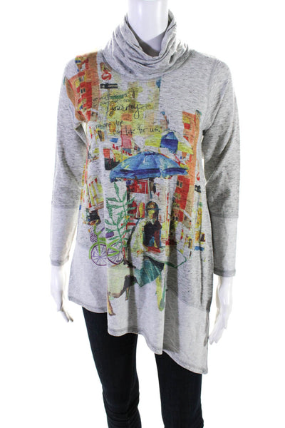 Nina Raynor Womens Graphic Print Asymmetrical Turtleneck Sweater Gray Size XS