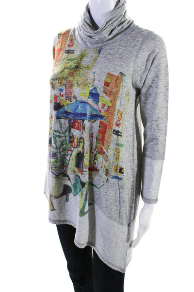 Nina Raynor Womens Graphic Print Asymmetrical Turtleneck Sweater Gray Size XS