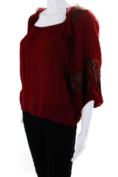 Nanette Lepore Women's Silk Paisley Embroidered Ruffle Blouse Red Size 0