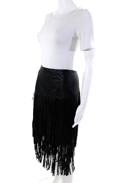 kensie Women's Zip Closure Fringe Hem Faux Leather Midi Skirt Black Size M