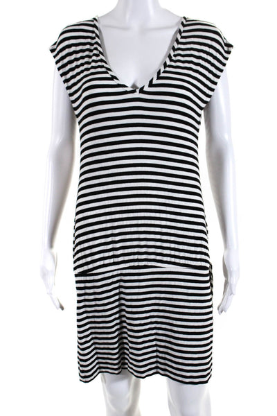 Trina Turk Women's V-Neck Sleeveless Midi Black White Stripe Dress Size M