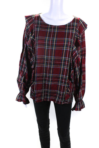 Sanctuary Womens Long Sleeve Plaid Ruffle Flannel Top Blouse Red Size Small