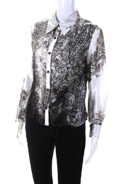 Roberto Cavalli Womens Long Sleeve Satin Button Up Blouse Brown White Size Small