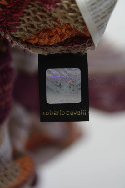 Roberto Cavalli Womens Feather Tassel V Neck Stripe Sweater Magenta Orange IT 42