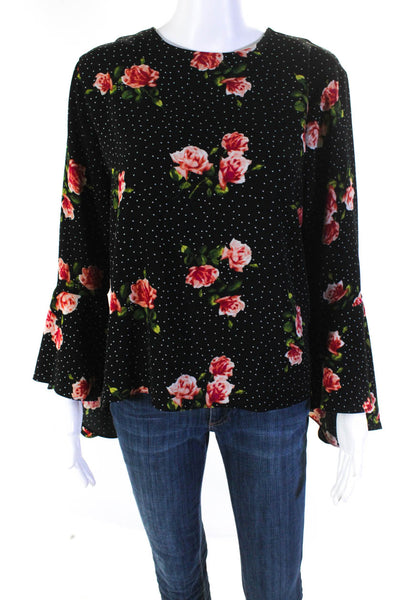 Catherine Catherine Malandrino Womens Black Floral Bell Sleeve Blouse Top Size L