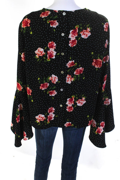 Catherine Catherine Malandrino Womens Black Floral Bell Sleeve Blouse Top Size L