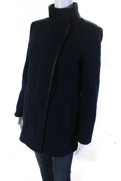 Theory Womens Wool Blend Collared Long Sleeve Zip Up Mid-Length Coat Navy Size S