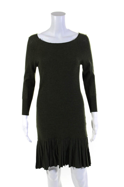 Shoshanna Womens Long Sleeve Scoop Neck Pleated Sweater Dress Green Wool Petite
