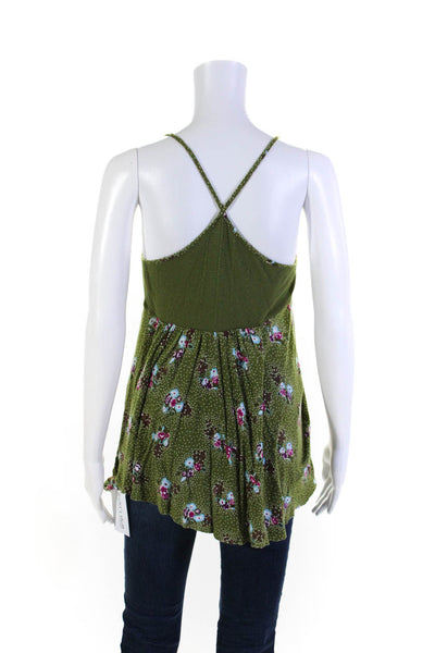 Free People Womens Spaghetti Strap V Neck Spotted Floral Blouse Green Medium