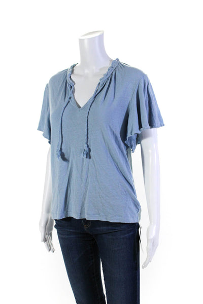 Lauren Ralph Lauren Womens Short Sleeve V Neck Linen Tee Shirt Blue Size Medium