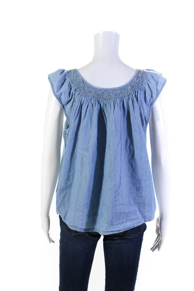 The Great Womens Sleeveless Smocked Scoop Neck Tank Top Blue Cotton Size 1