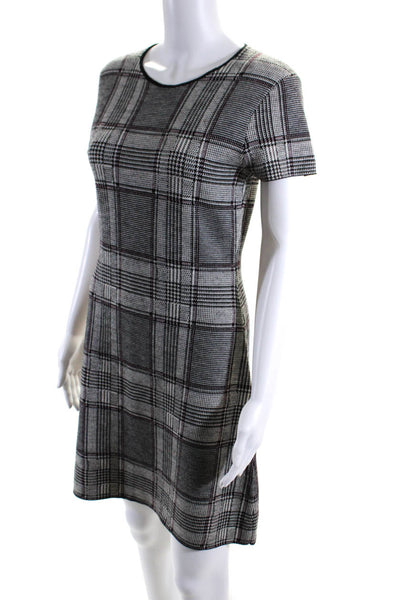 Theory Women's Round Neck Short Sleeves Bodycon Plaid Midi Dress Size M