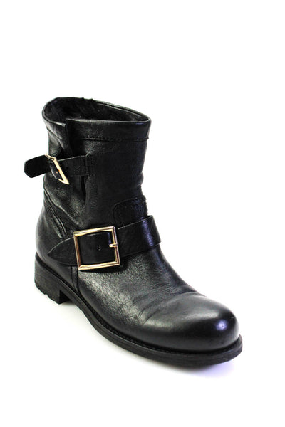 Jimmy Choo Womens Black Leather Buckle Fuzzy Lined Ankle Boots Shoes Size 5.5
