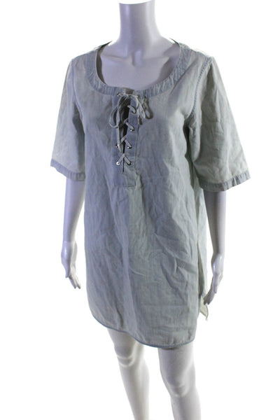 Rag & Bone Jean Womens Cotton Lace Up Round Neck Short Sleeve Dress Blue Size M