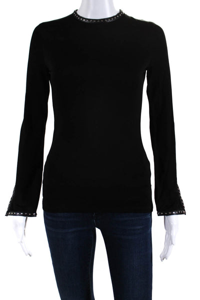 Helmut Lang Womens Back Zip Studded Faux Leather Trim Knit Top Black Size XS