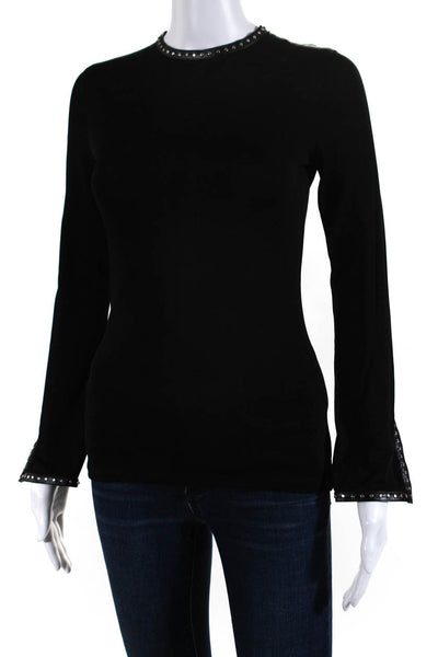 Helmut Lang Womens Back Zip Studded Faux Leather Trim Knit Top Black Size XS