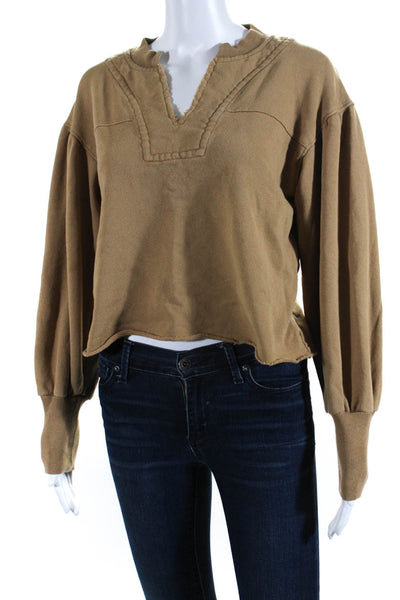 Something Navy Womens Long Sleeve V Neck Cropped Sweatshirt Brown Size 2XS