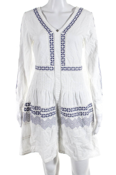 Le Sirenuse Womens Embroidered V Neck A Line Dress White Blue Size EUR 38