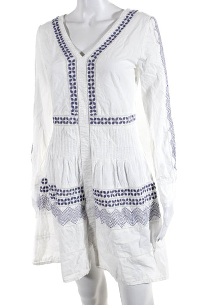 Le Sirenuse Womens Embroidered V Neck A Line Dress White Blue Size EUR 38