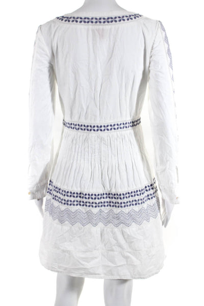 Le Sirenuse Womens Embroidered V Neck A Line Dress White Blue Size EUR 38