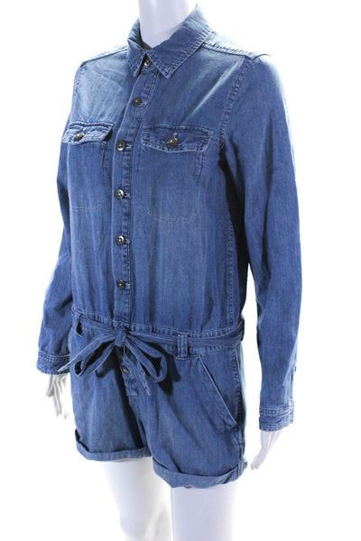 Free People Womens Long Sleeved Collared Button Down Tied Romper Blue Size XS