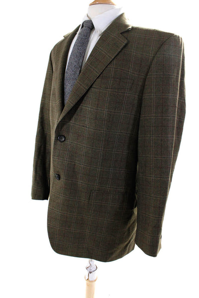 Pronto-Uomo Mens Brown Wool Silk Plaid Two Button Long Sleeve Blazer Size 42R