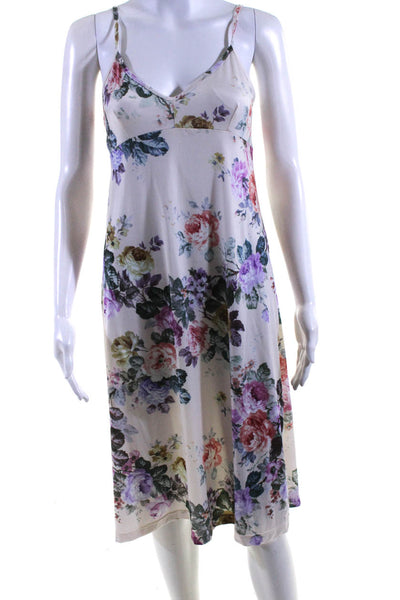 Designer Womens Floral V Neck Satin Midi Slip Dress Ivory Multi Size Medium