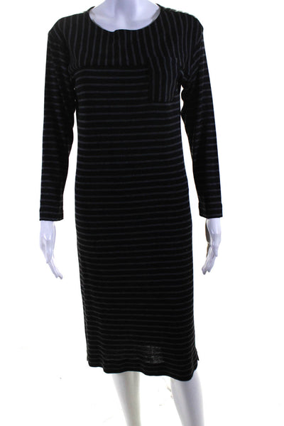 Steven Alan Womens Stripe Knit Crewneck 3/4 Sleeve Shift Dress Black Gray Petite