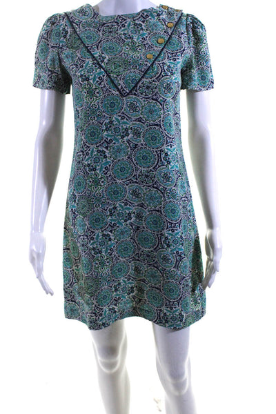 Lauren Moffatt Womens Short Sleeve Mandala Mini Sheath Dress Blue Green Size 2