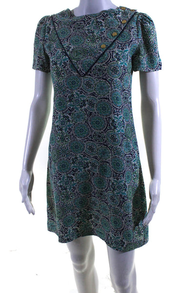 Lauren Moffatt Womens Short Sleeve Mandala Mini Sheath Dress Blue Green Size 2