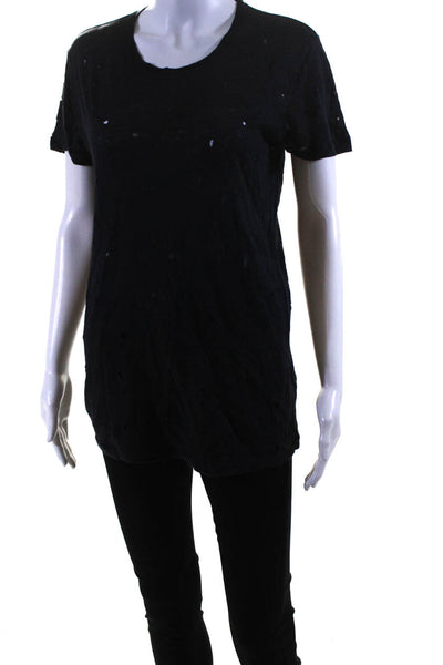 IRO Womens Clay Distressed Short Sleeve Top Tee Shirt Black Linen Size XS